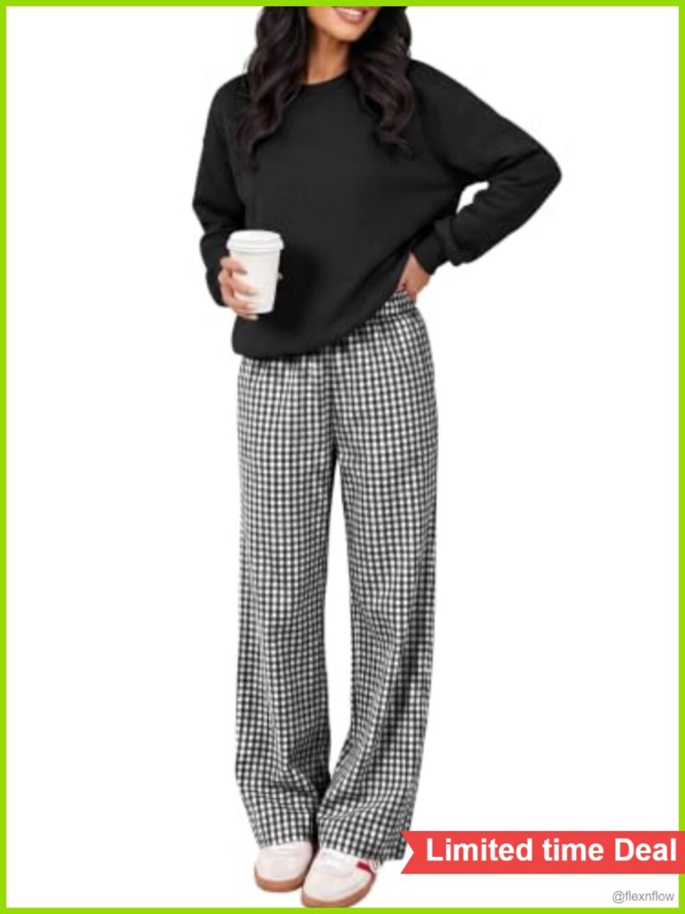 Two Piece Lounge Set Oversized Sweatshirt Wide Leg Gingham Pants Travel Set